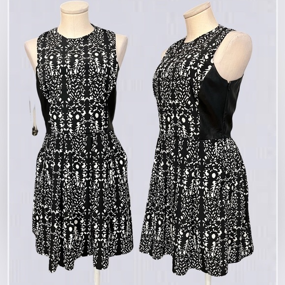 HUNTER BELL black and white abstract print with leather trip sleeveless dress - Picture 1 of 15
